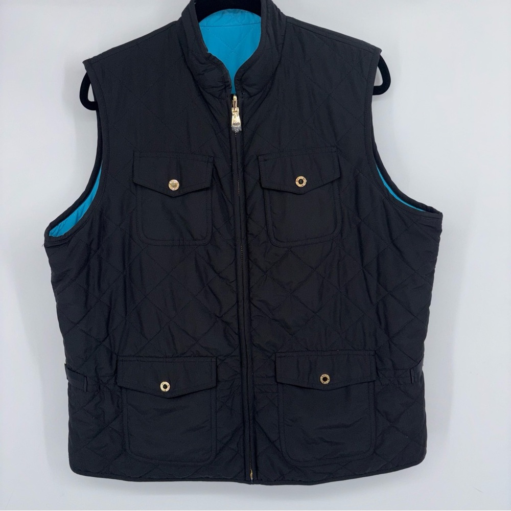 Lauren Ralph Lauren Teal Blue and Black Quilted Vest with Gold Details
